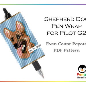 May include: A beaded pen wrap featuring a German Shepherd dog design. The wrap is made using even count peyote stitch and is designed to fit a Pilot G2 pen. The pattern is available as a PDF download. art. PB-10082