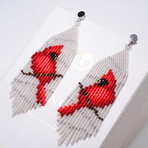 Beaded Red Cardinal Earrings with Fringe - Miyuki Delica 11/0 Brick Stitch Beading Pattern PB-10046