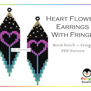 May include: A pair of black and pink heart flower earrings with fringe. The earrings are made with beads and are in the shape of a heart with a flower design. The earrings are hanging from a black string. The text "ART. PB-10121" is visible in the image. The text "HEART FLOWER EARRINGS WITH FRINGE" is visible in the image. The text "Brick Stitch + Fringe PDF Pattern" is visible in the image. The text "Pengu Beading" is visible in the image.