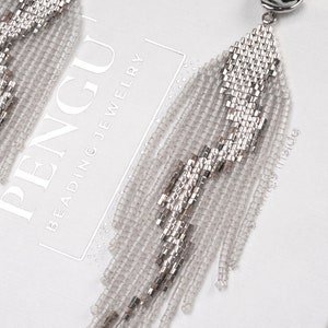 Beaded Silver Seed Bead Fringe Earrings Pattern - Brick Stitch & Fringe Earrings Beading, Miyuki Delica 11/0, STELLA Collection, PB-10290