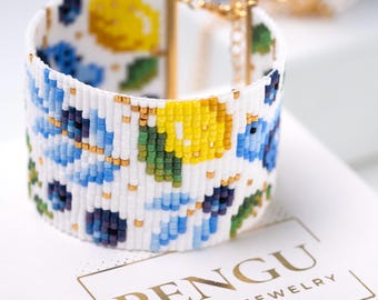 PDF Pattern Blue Floral Loom Bracelet - Miyuki Delica 11/0 Beading Pattern PB-10368, Allison Collection