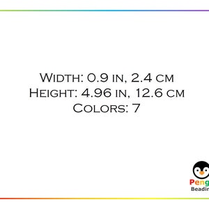 K&ouml;nnte beinhalten: Eine wei&szlig;e Karte mit schwarzem Text, der "WIDTH: 0.9 IN, 2.4 CM HEIGHT: 4.96 IN, 12.6 CM COLORS: 7" lautet. Ein farbenfrohes Pinguin-Logo mit dem Text "Pengu Beading" befindet sich in der unteren rechten Ecke.