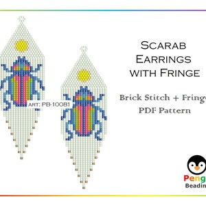 May include: A PDF pattern for beaded earrings featuring a scarab beetle design with fringe. The earrings are white with a colorful scarab beetle in the center. The pattern is called "Scarab Earrings with Fringe" and is by Pengu Beading.
