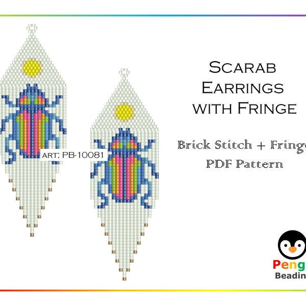 Beaded SCARAB BEETLE as Seed Bead Fringe Earrings Pattern - Brick Stitch & Fringe Earrings Beading Patterns, Miyuki Delica Beads, PB-10081