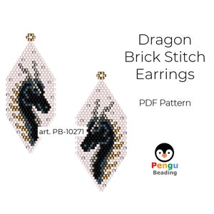 May include: A pair of beaded earrings in the shape of a dragon's head. The earrings are made with white and black beads and have a gold accent. The earrings are called "Dragon Brick Stitch Earrings" and are a PDF pattern from Pengu Beading.