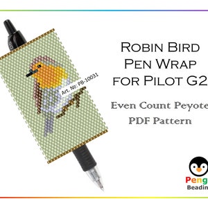 May include: A beading pattern for a robin bird pen wrap for a Pilot G2 pen. The pattern is for even count peyote stitch and is available as a PDF download. The pattern is from Pengu Beading.