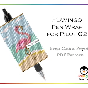 Beaded FLAMINGO Pen Wrap as Peyote Seed Bead Pattern - Peyote Pen Wrap Animals Beading Patterns, Miyuki Delica Beads, PB-10192