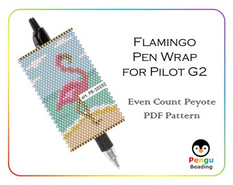 Beaded FLAMINGO Pen Wrap as Peyote Seed Bead Pattern - Peyote Pen Wrap Animals Beading Patterns, Miyuki Delica Beads, PB-10192
