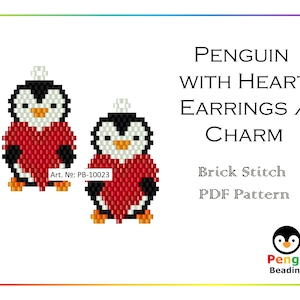 Könnte beinhalten: Ein Perlenmuster für einen Pinguin mit einem Herzen, mit der Aufschrift "Penguin with Heart Earrings / Charm". Das Muster ist für Ziegel-Stich und als PDF-Download erhältlich. Das Muster stammt von Pengu Beading.