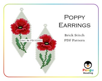 Beaded Poppy Brick Stitch Seed Bead Earrings - Miyuki Beading Pattern PB-10065