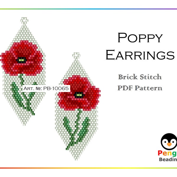 Beaded Poppy Brick Stitch Seed Bead Earrings - Miyuki Beading Pattern PB-10065