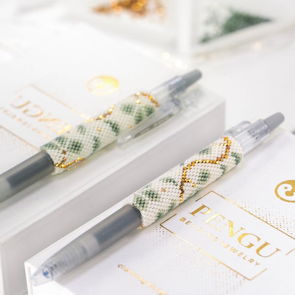 Beaded Floral Pen Wrap for Pilot G2 Even Count Peyote  - Miyuki Beading Pattern PB-10173 - OLIVIA Collection