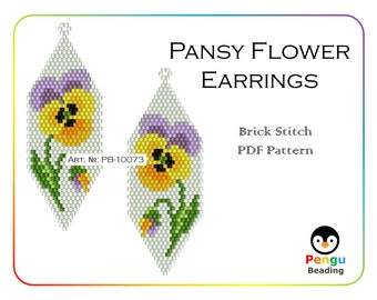 Beaded Pansy Flower Brick Stitch Seed Bead Earrings - Miyuki Beading Pattern PB-10073