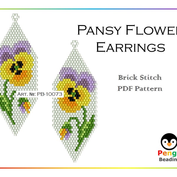 Beaded Pansy Flower Brick Stitch Seed Bead Earrings - Miyuki Beading Pattern PB-10073