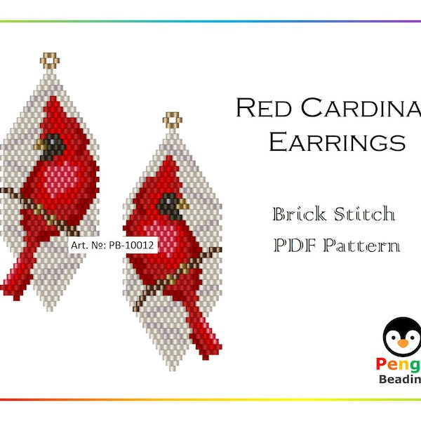 Beaded Red Cardinal Earrings - Miyuki Brick Stitch Beading Pattern PB-10012