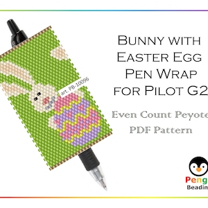 Könnte beinhalten: Ein PDF-Muster für eine Perlen-Stiftummantelung mit einem Hasen, der ein Osterei hält. Das Muster ist für den geraden Peyote-Stich und ist für einen Pilot G2-Stift konzipiert. Das Muster trägt den Titel "Bunny with Easter Egg Pen Wrap for Pilot G2 Even Count Peyote PDF Pattern" und stammt von Pengu Beading.