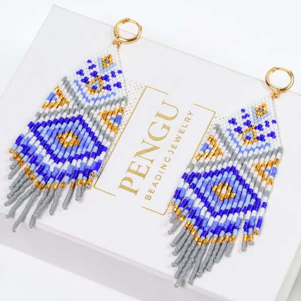 Beaded Blue Seed Bead Fringe Earrings Pattern - Brick Stitch & Fringe Earrings Beading, Miyuki Delica 11/0, Carolina Collection, PB-10139