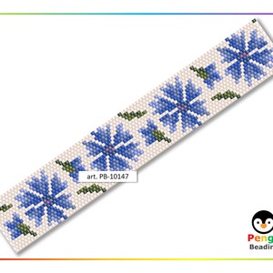 May include: A beaded pattern with blue flowers and green leaves on a white background. The pattern is labeled "art. PB-10147".