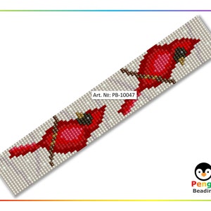 May include: A beaded bracelet pattern featuring two red cardinals on a white background. The pattern is labeled "Art. No: PB-10047".