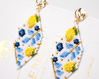 PDF Pattern Blue floral lemon Seed Bead Brick Stitch Earrings Pattern, Miyuki Delica 11/0, ALLISON Collection, PB-10369