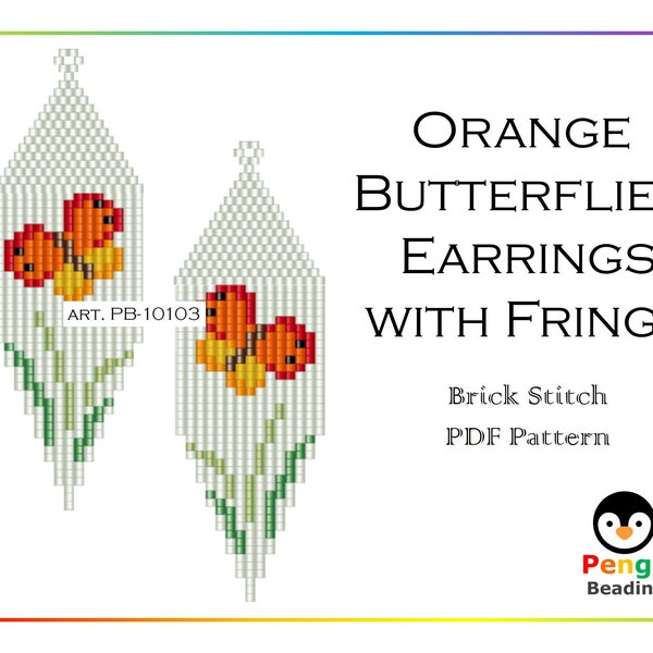 Butterflies Beaded Earrings with Fringe - Miyuki Brick Stitch Beading Pattern PB-10103