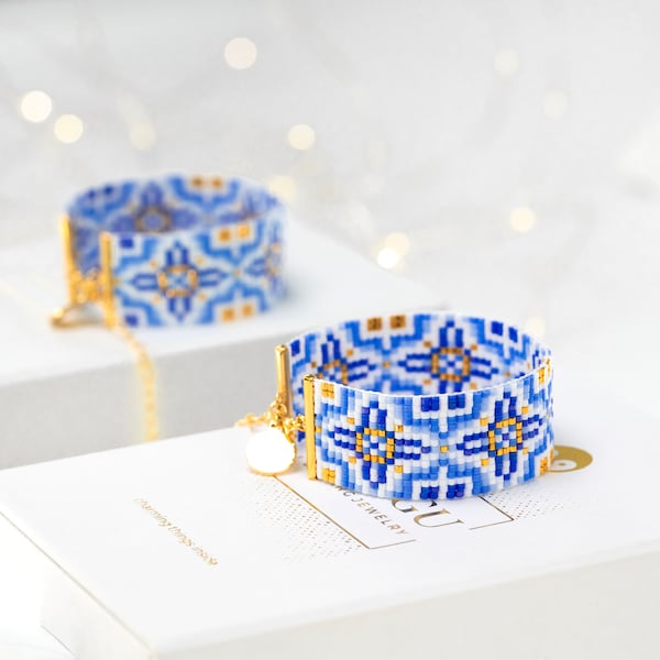 Pulsera de telar azul con cuentas - Patrón de telar de cuentas Miyuki Delica PB-10175, Colección Sophia