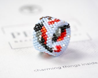 Beaded Bullfinches Ring as Seed Bead Ring Pattern - Peyote Ring Beading Pattern, Miyuki Delica Beads, PB-10269