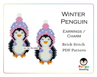 Beaded Penguin Winter Brick Stith Earrings Charm - Miyuki Brick Stitch Beading Pattern PB-10007