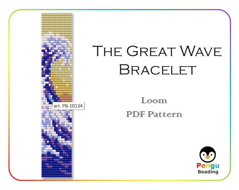 K&ouml;nnte beinhalten: Ein Webmuster f&uuml;r ein Armband mit einem bunten Pixelbild der Gro&szlig;en Welle vor Kanagawa. Das Muster tr&auml;gt den Titel "The Great Wave Bracelet" und ist als PDF-Download erh&auml;ltlich. Das Bild stammt von Pengu Beading.