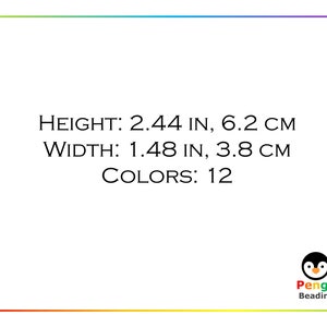 Puede incluir: Una tarjeta blanca con texto negro que dice "HEIGHT: 2.44 IN, 6.2 CM WIDTH: 1.48 IN, 3.8 CM COLORS: 12". La tarjeta tiene un borde colorido y un logotipo de ping&uuml;ino en la esquina inferior derecha.