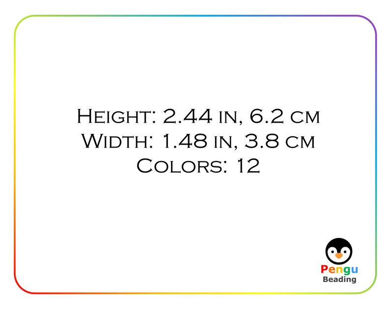 Puede incluir: Una tarjeta blanca con texto negro que dice "HEIGHT: 2.44 IN, 6.2 CM WIDTH: 1.48 IN, 3.8 CM COLORS: 12". La tarjeta tiene un borde colorido y un logotipo de ping&uuml;ino en la esquina inferior derecha.