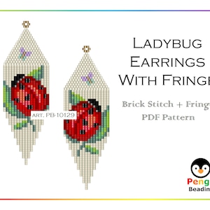 Beaded Ladybug as Seed Bead Fringe Earrings Pattern - Brick Stitch & Fringe Earrings Beading Patterns, Miyuki Delica Beads, PB-10129