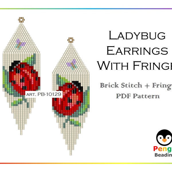 Beaded Ladybug as Seed Bead Fringe Earrings Pattern - Brick Stitch & Fringe Earrings Beading Patterns, Miyuki Delica Beads, PB-10129