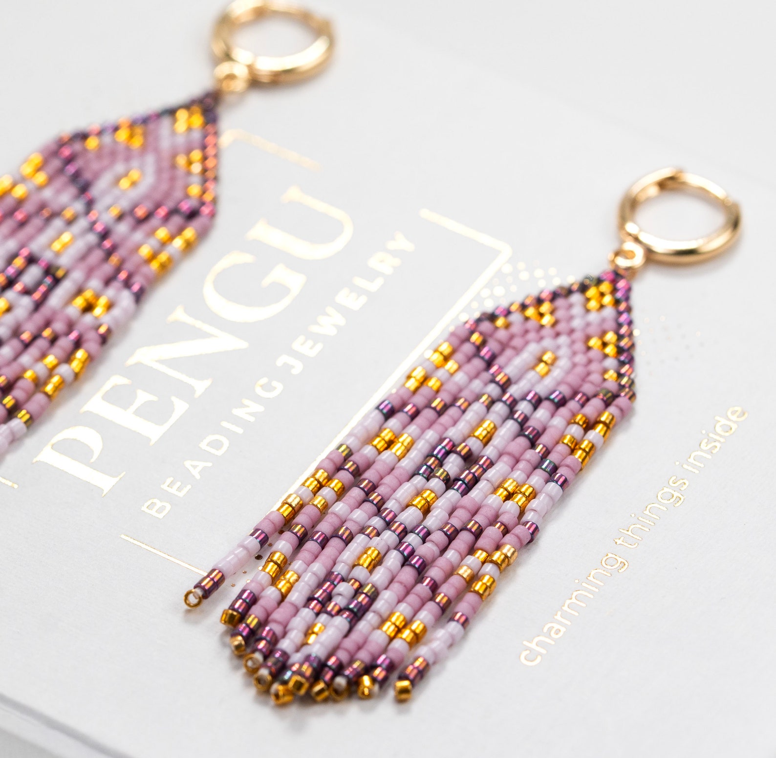 Beaded Pink Seed Bead Fringe Earrings Pattern - Brick Stitch & Fringe ...
