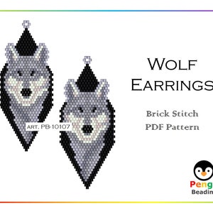 May include: A PDF pattern for brick stitch wolf earrings. The pattern is for a pair of earrings with a wolf head design. The pattern is available for download. ART. PB-10107