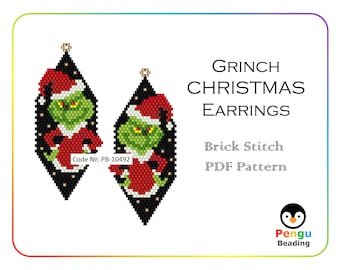 Beaded Grinch Earrings - Miyuki Brick Stitch Beading Pattern PB-10492