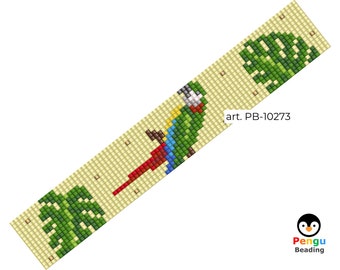 May include: Beaded bracelet pattern featuring a parrot with green, red, blue, and yellow beads, and green palm trees on a beige background. The pattern is labeled "art. PB-10273".
