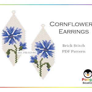 Beaded CORNFLOWERS Earrings as Brick Stitch Seed Bead Pattern - Brick Stitch Earrings Beading Patterns, Miyuki Delica Beads, PB-10146