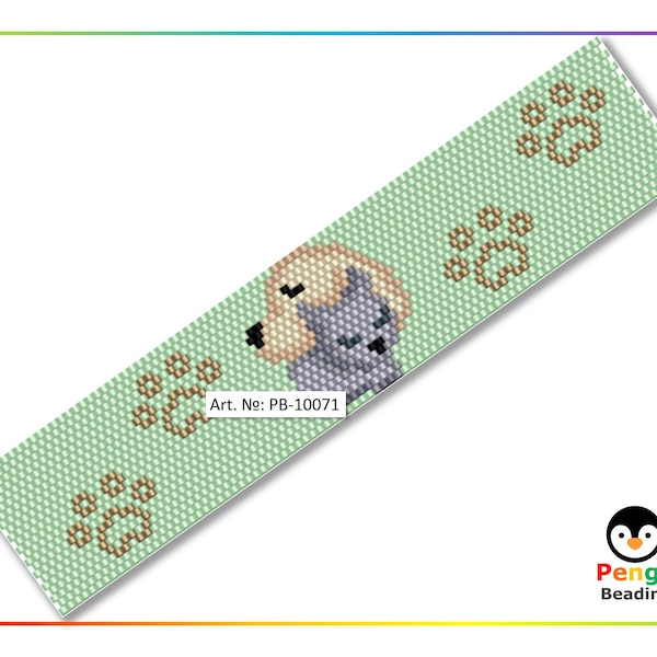 Beaded Dog and Cat Peyote Even Count Bracelet Pattern - Miyuki Delica Beading Pattern PB-10071