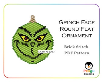 Beaded Grinch Face Round Flat Christmas Ornament Miyuki Brick Stitch Beading Pattern PB-10493