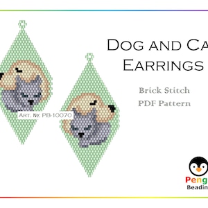 May include: A pair of green diamond-shaped earrings with a beaded design of a dog and cat sleeping together. The earrings are labeled "Dog and Cat Earrings" and "Brick Stitch PDF Pattern".