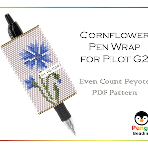 May include: A PDF pattern for a beaded pen wrap featuring a blue cornflower design. The pattern is for even count peyote stitch and is designed for a Pilot G2 pen. The pattern is available for download from Pengu Beading.