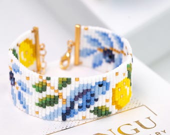 PDF Pattern Blue Floral Loom Bracelet - Miyuki Delica 11/0 Beading Pattern PB-10366, Allison Collection