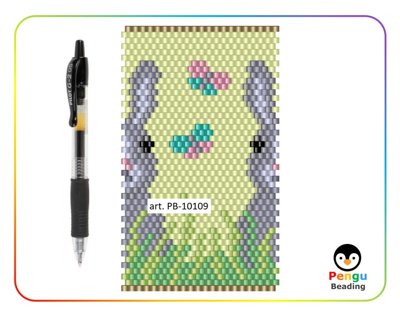 Puede incluir: Un patr&oacute;n de abalorios para un conejito colorido con flores y hierba. El patr&oacute;n est&aacute; etiquetado como "art. PB-10109".
