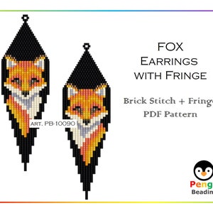 Puede incluir: Un patrón PDF para pendientes de zorro con flecos hechos con cuentas. Los pendientes están hechos con punto de ladrillo y tienen un fondo negro con caras de zorro naranja y blanco. El patrón está disponible para descargar en Pengu Beading.