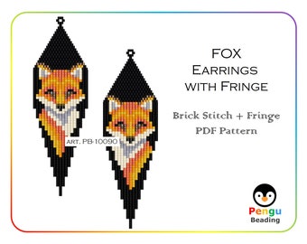Beaded Fox Earrings with Fringe - Miyuki Brick Stitch Beading Pattern PB-10090