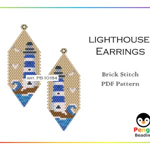 May include: A pair of beaded lighthouse earrings in a brick stitch pattern. The earrings are beige with blue and white details. The pattern includes a lighthouse, waves, and seagulls. The earrings are labeled "ART. PB-10184" and "LIGHTHOUSE EARRINGS". The text "Brick Stitch PDF Pattern" is also included. The image is from Pengu Beading.