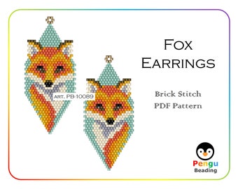 Beaded Fox Earrings - Miyuki Brick Stitch Animals Beading Pattern PB-10089