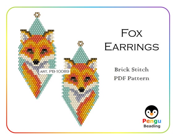 Beaded Fox Earrings - Miyuki Brick Stitch Animals Beading Pattern PB-10089