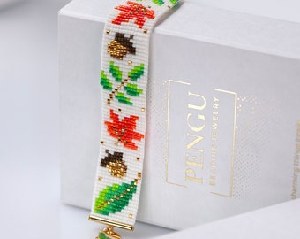 Pulsera de telar de otoño con cuentas - Miyuki Delica Patrón de flores de cuentas PB-10237